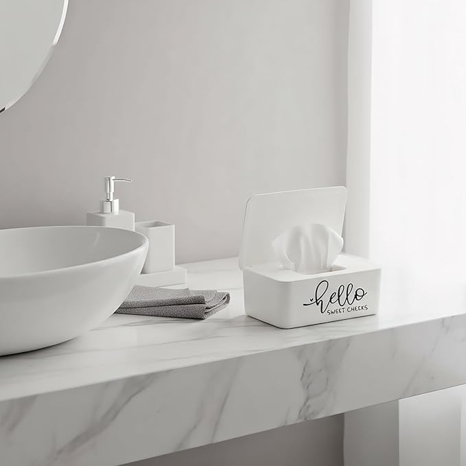 Hello Sweet Cheeks Baby Wipes Dispenser Rustic Farmhouse Bathroom Decor 7.28" L x 4.80" W x 2.75" H Flushable Wipes Container Holder with Sealing Design Lid Easy to Refill (White)