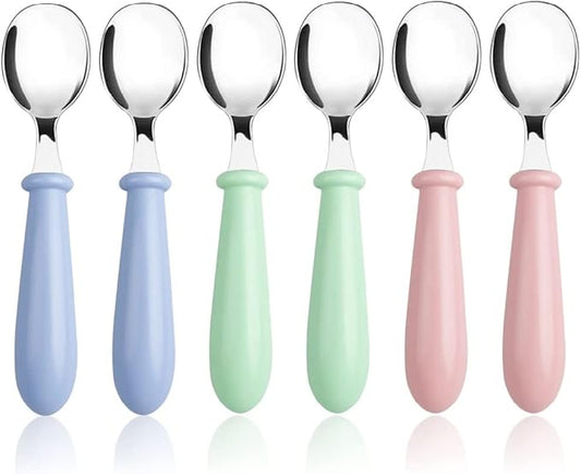 Pimoys 6 Pieces Toddler Spoons Baby Spoons for Self-Feeding, Stainless Steel Kids Spoons with Round Handle Metal Toddler Utensils Children's Silverware Set BPA Free, Dishwasher Safe
