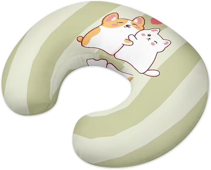 Light Green Stripes Nursing Pillow Covers for Bebe Girls and Boys Breathable Nursing Pillow Slipcover Baby Pillow Cover Feeding Position Support,Kitten Puppy(Cover Only)