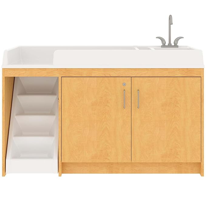 Tot Mate Toddler Diaper Changing Table with Stairs (Left) and Sink (Right) - Ideal Infant Changing Station for Home, Nursery, Daycare - 59-1/2" Wide, Assembled Baby Changer (Maple)