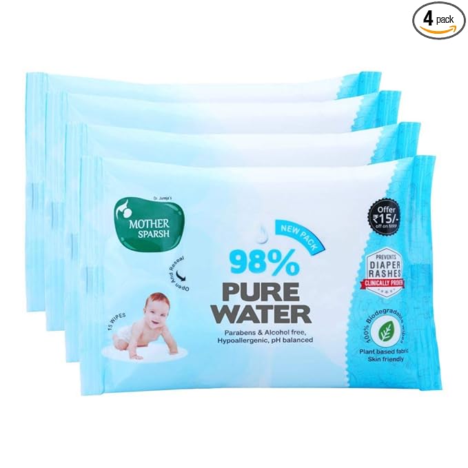 Mother Sparsh Scented Water Cotton Plant Fabric, Biodegradable Wipe (Blue, 15 Wipes) - Pack of 4