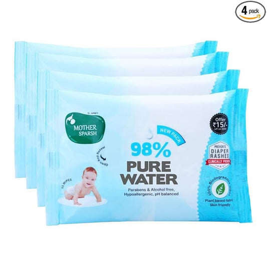 Mother Sparsh Scented Water Cotton Plant Fabric, Biodegradable Wipe (Blue, 15 Wipes) - Pack of 4