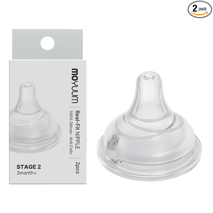Moyuum Real-Fit Silicone Nipple for 3rd Gen PPSU Bottles, Made in Korea - Perfect for Newborn, Anti-Colic Feed, Easy to Latch, from Breast to Bottle Transition | Stage 2, Medium Flow, 3m+ (2 Pack)