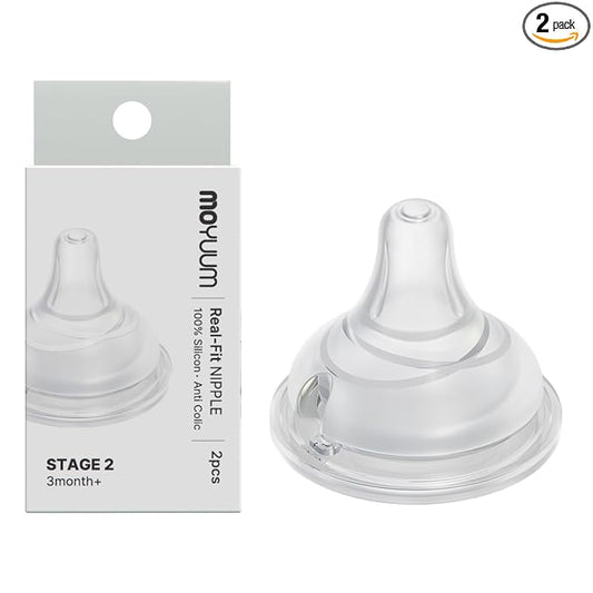 Moyuum Real-Fit Silicone Nipple for 3rd Gen PPSU Bottles, Made in Korea - Perfect for Newborn, Anti-Colic Feed, Easy to Latch, from Breast to Bottle Transition | Stage 2, Medium Flow, 3m+ (2 Pack)