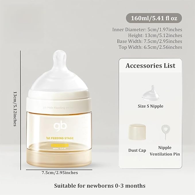 gb Feeding Series 1st Stage Baby Bottle 5.4oz 160ml PPSU BPA-Free, Anti-Colic, Soft Silicone, Ergonomic Handle, Easy to Clean, Ideal for Newborn Essentials & Breastfeeding, 0-3 Months