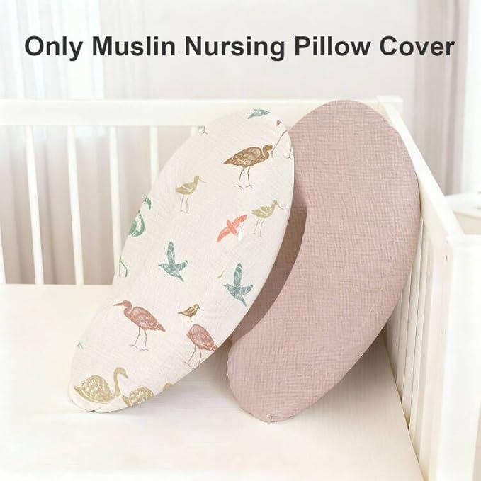 Little Grape Land Muslin Nursing Pillow Covers, 100% Cotton Removable Breastfeeding Pillow Covers, Breathable Slipcover for Baby Boys & Girls, (Wetland Birds & Rosy)