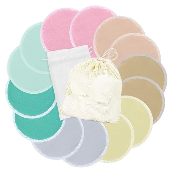 wegreeco Nursing Breast Pads (14 Pack) + Laundry Bag & Travel Storage Bag, 4.7 inch Option - Washable & Reusable Breastfeeding Nursing Pads (Red, Yellow, and Blue, Large, Plain Shape)