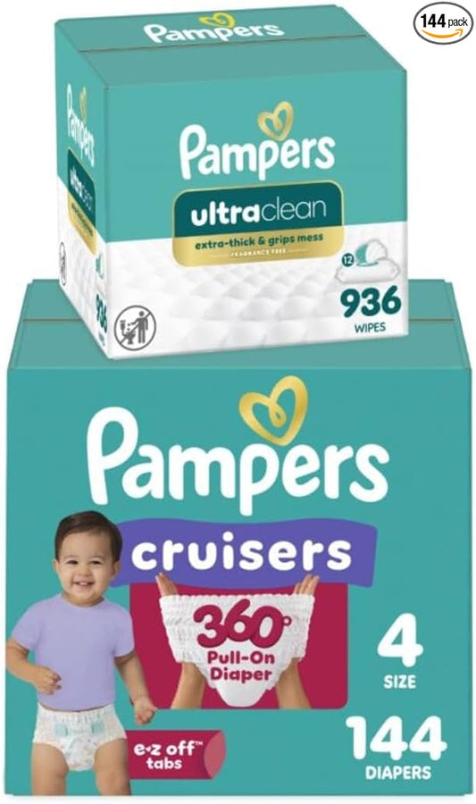 Pampers Pull On Cruisers 360° Fit Disposable Baby Diapers Size 4, 144 Count with Free & Gentle Baby Wipes 12 Flip-Top Packs (936 Wipes Total)