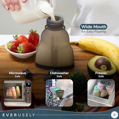 Everusely Reusable Baby Food Pouches for Toddlers - 2 Pack, 6 oz/180 ml, Slate - Squeezable Silicone Food Pouch - Refillable, Leakproof, Spill Proof Puree Containers - BPA Free - Dishwasher Safe