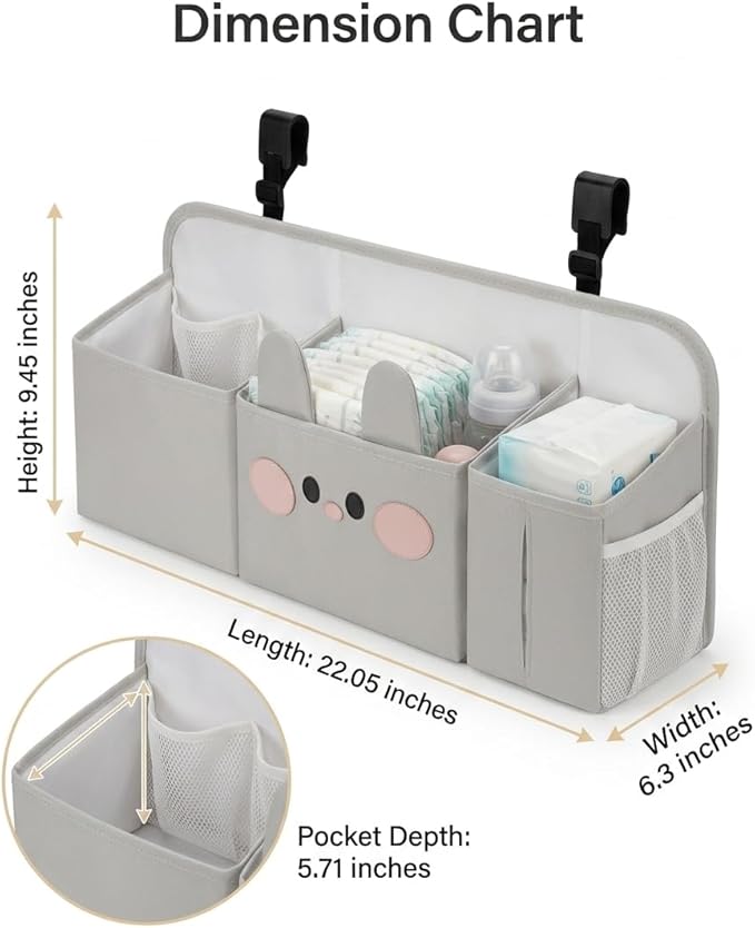 Adorable Bunny Hanging Diaper Caddy: 3-in-1 Heavy Duty Bassinet Organizer Attachment & Diaper Holder for Crib - Reinforced Oxford Cloth Storage - Stylish Gray Nursery Essential for New Parents