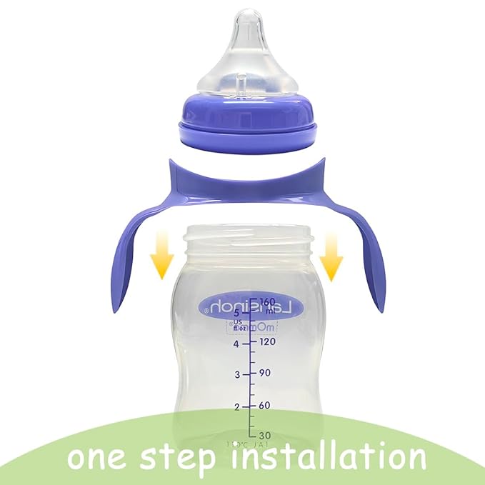 Baby Bottle Handles Compatible with Lansinoh Baby Bottles, Ergonomic Bottle Holder for Newborn, 4 Pack (White & Purple)