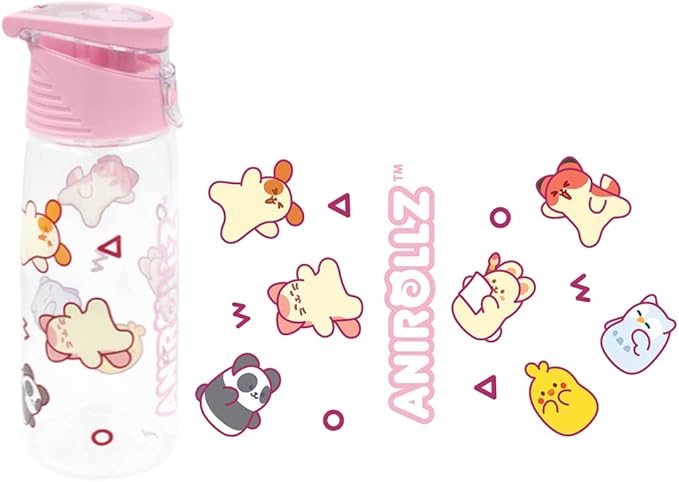 Anirollz Cute Animal Character Clear Plastic 24oz. Water Bottle Tumbler w/Convenient Carrying Handle (Pink)