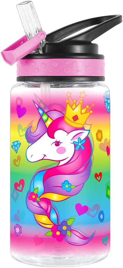 15oz Water Bottle for Kids Girls Boys School, BPA Free, Leak Proof Flip Straw, Carry Loop, Easy Clean - Unicorn