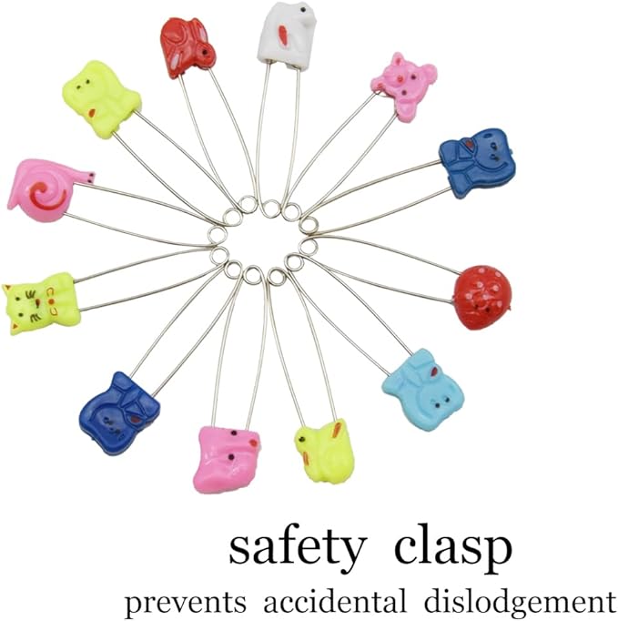 30 PCS Safety Pin Diaper Pin Stainless Steel Cloth Pins Plastic Head Cloth Diaper Pins with Locking Closures，Colour Random 54MM/2.2 Inch（Colour/Animals）