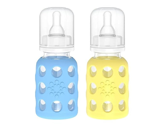 Lifefactory Glass Baby Bottle BPA Free | Protective Silicone Sleeve | 4 oz Pack of 2 | Sky Blue & Banana