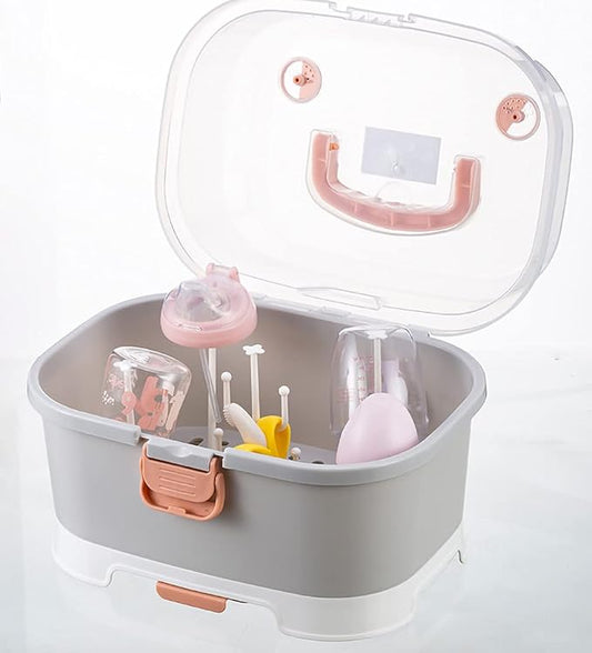 Baby Bottle Drying Rack Storage, Large Nursing Bottle Storage Box Organizer with Cover, Portable Kitchen Cabinet Organizer, Easy to Clean Drainer, Grey