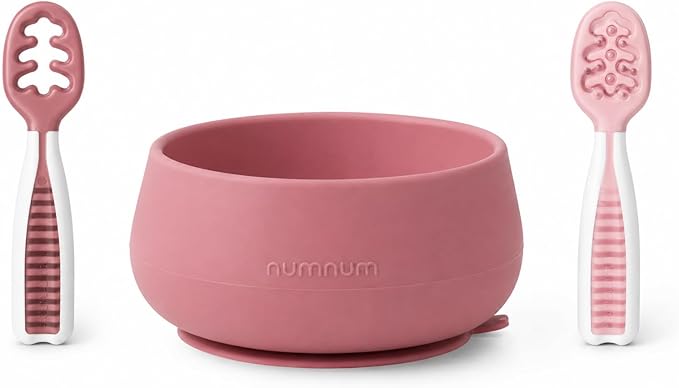 NumNum Baby Bowl & 2 Pack GOOtensils Baby Spoons, Suction Bowls for Baby 4+ Months, Extra Strong Non-Slip Suction, 100% Food-Grade Silicone, BPA-Free, Microwave & Dishwasher Safe (Mauve)