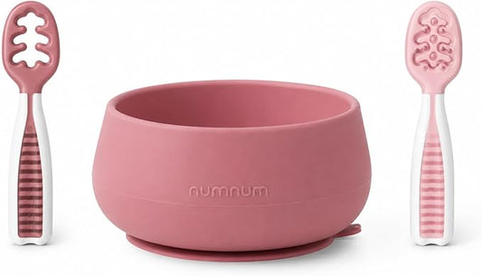 NumNum Baby Bowl & 2 Pack GOOtensils Baby Spoons, Suction Bowls for Baby 4+ Months, Extra Strong Non-Slip Suction, 100% Food-Grade Silicone, BPA-Free, Microwave & Dishwasher Safe (Mauve)