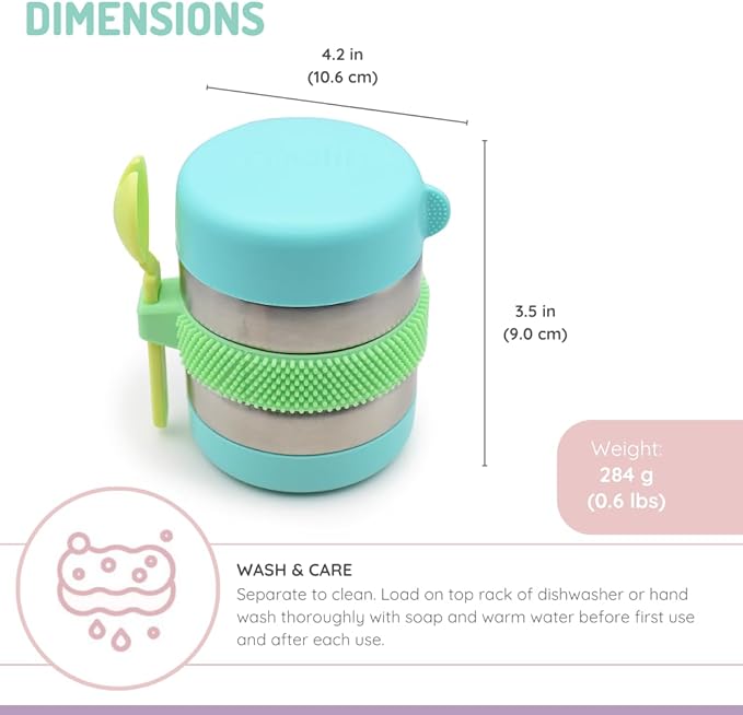 melii Stainless Steel Food Jar, 10.1oz, Double Walled, Vacuum Insulated, Integrated Fork, Airtight & Leakproof, Dishwasher Safe - Blue, Mint, Lime