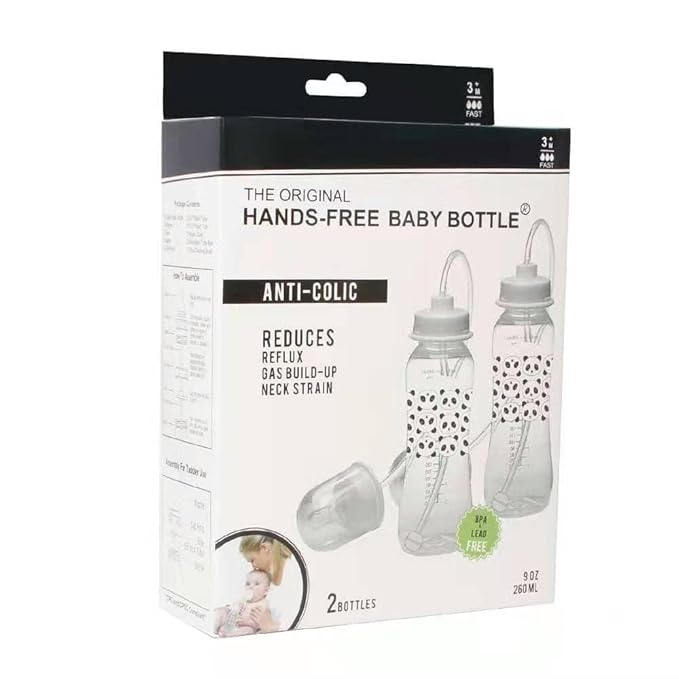 Hands-Free Baby Bottle - Anti-Colic Nursing System 9 oz Baby Bottle with Fast Flow Nipple/Teat 3m+ with Tube Straw Feeding System for Toddler (2 Bottles - Panda)