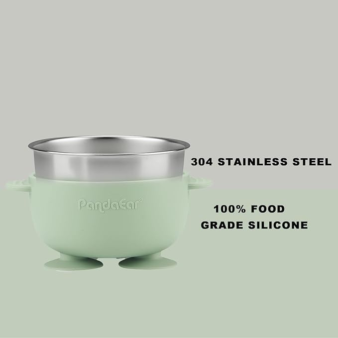 PandaEar 2 Pack Stainless Steel Baby Suction Bowls & 4 Pcs Silicone Baby Utensils Set, Non-Slip Toddler Food Bowls with Silicone Sleeve & Anti-Choke Spoon Fork Set for Babies Led Weaning