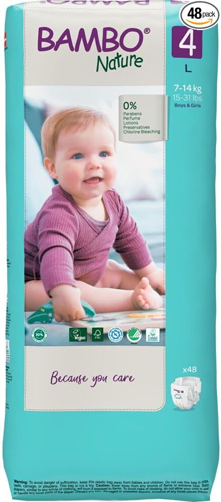 Bambo Nature Hypoallergenic Baby Diapers, Eco-Labeled Diapers, Enhanced Leakage Protection, Totally Chlorine-Free, Skin Friendly, and Super Absorbent - Size 4 (48 Count)