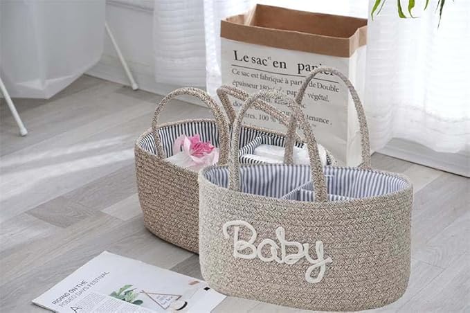 Diaper Caddy Organizer for Changing Table, Cotton Rope Baby Storage Basket for Diaper Wipes, Car Caddy Organizer, Nursery Diaper Organizer With Divider, Portable Diaper Storage -Brown