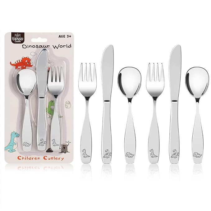 Lehoo Castle Kids Silverware Stainless Steel 6-Piece - Toddler Spoons and Forks Knife Set, Toddler Utensils for 3 Year Old, Child-Safe Flatware for Self Feeding (Dinosaur)