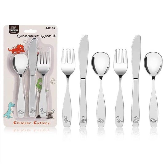 Lehoo Castle Kids Silverware Stainless Steel 6-Piece - Toddler Spoons and Forks Knife Set, Toddler Utensils for 3 Year Old, Child-Safe Flatware for Self Feeding (Dinosaur)
