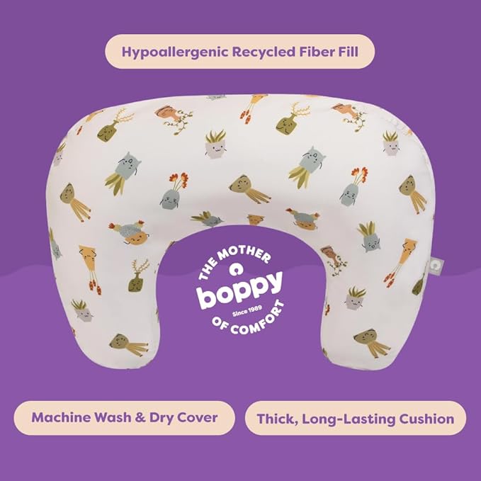 Boppy Nursing Pillow - Firm, Ergonomic U-Shaped Bottle and Breastfeeding Pillow with High Lift for Comfort and Support, Spacious Surface - Tan Happy Houseplants