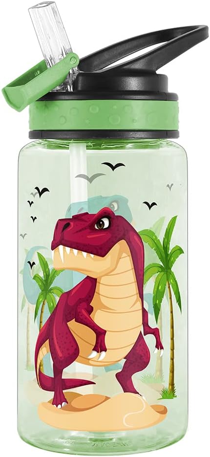 15oz Water Bottle for Kids Girls Boys School, BPA Free, Leak Proof Flip Straw, Carry Loop, Easy Clean - Dinosaur