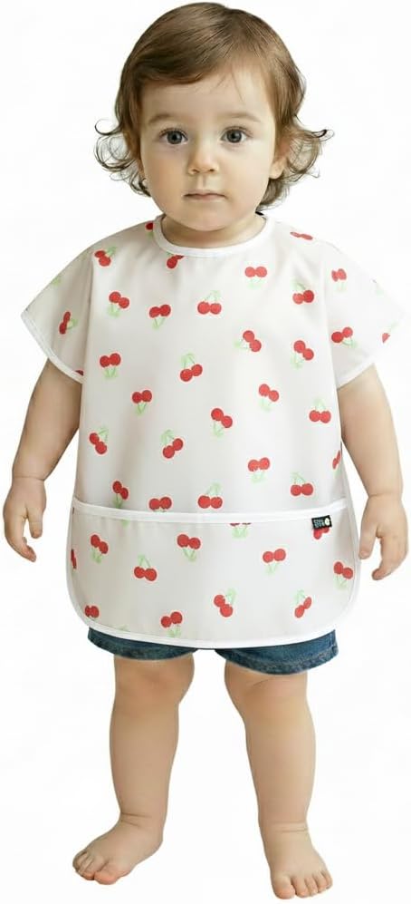 Plie Short Sleeve Waterproof Bib for Toddlers – Easy Clean Feeding Apron for Mealtime, Daycare, Self-Feeding, Lightweight