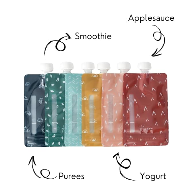 Reusable Baby Food Pouches Storage | Snacks | Purees, Apple Sauces, Smoothies | 6 Pack BPA-Free Plastic Refillable Squeeze Pouch | 5oz | Double Lock Zipper | Toddler Boho