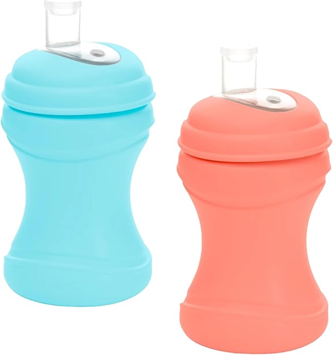 Re-Play Transition Sippy Cups for 1 Year-Old - Medical Grade Silicone Soft Spout & Travel Lid, Easy to Hold Hourglass Shape, Made in USA - 8 Oz. - Set of 2 - Melon/Pool Blue