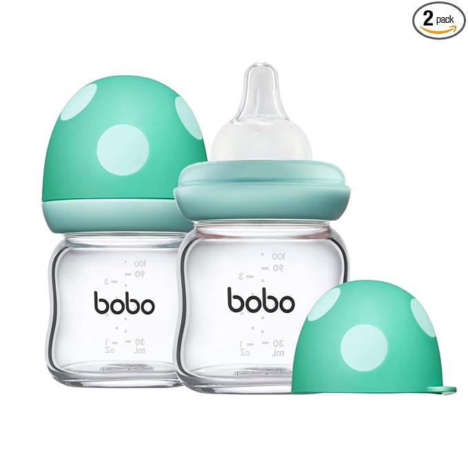 YOHKOH Natural Glass Baby Bottle with Level 1 Slow Flow Nipple, Newborn Anti-Colic Baby Bottles, Wide Neck Mushroom Baby Glass Bottle (3.4oz (Pack of 2), Blue)