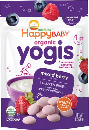 Happy Baby Organic Yogis Freeze-Dried Yogurt & Fruit Snacks Mixed Berry, 1 Ounce Bag Organic Gluten-Free Easy to Chew Probiotic Snacks for Babies & Toddlers