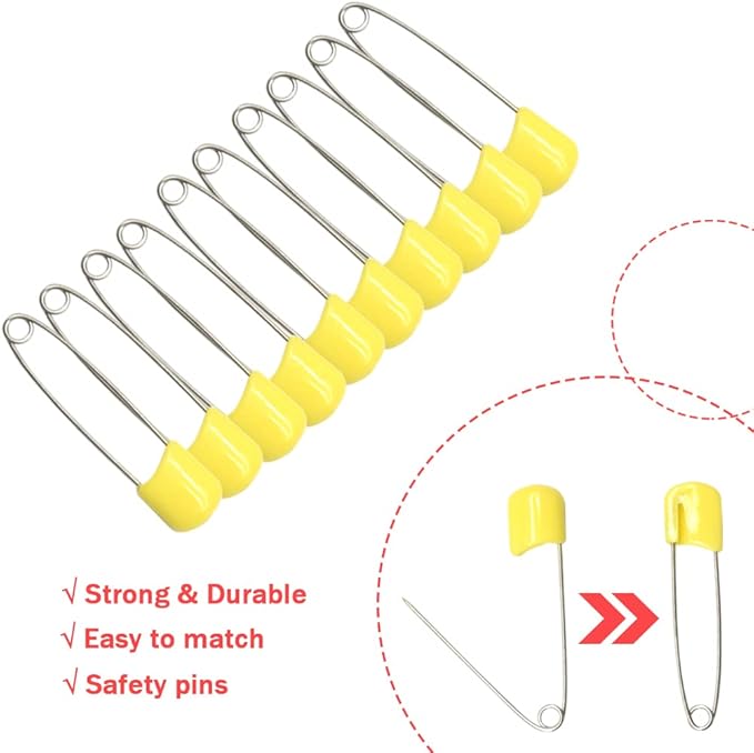 50 PCS Safety Pin 54mm/2.2in Baby Diaper Pins for Cloth Plastic Head Baby Pins for Diapers Stainless Steel Cloth Pins with Locking Closures Nappy Pin for Crafts（DT/Yellow）