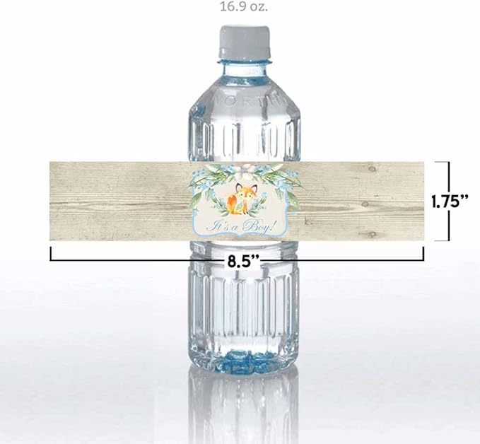 Watercolor Woodland Fox It's a Boy Baby Shower Waterproof Water Bottle Sticker Wrappers 20 Wrap Around Labels Sized 1.75" x 8.5" by AmandaCreation