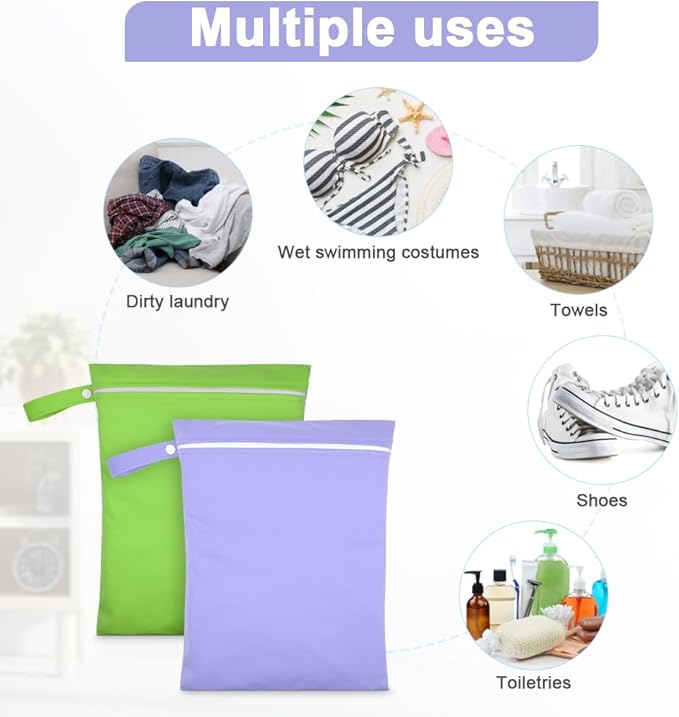 2PCS Wet Bags, Reusable Cloth Diaper Bags with Handle and Zipper, Lightweight Waterproof Travel Laundry Bag, Washable Wet Dry Bag for Baby Items Travel Beach Swimming Gym Camping(Green&Purple)