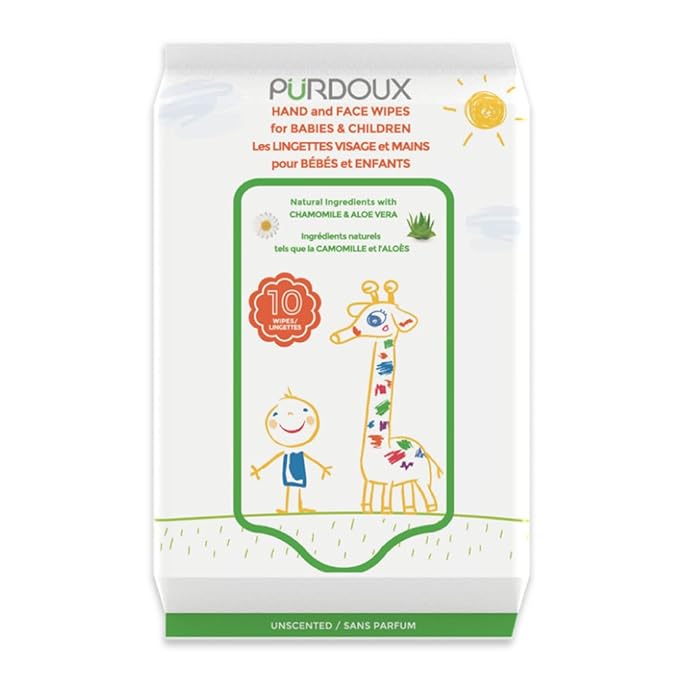 PURDOUX TM Hand and Face Wipes for Babies and Children 120 Wipes (12 Packs of 10)