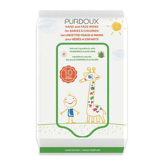 PURDOUX TM Hand and Face Wipes for Babies and Children 120 Wipes (12 Packs of 10)