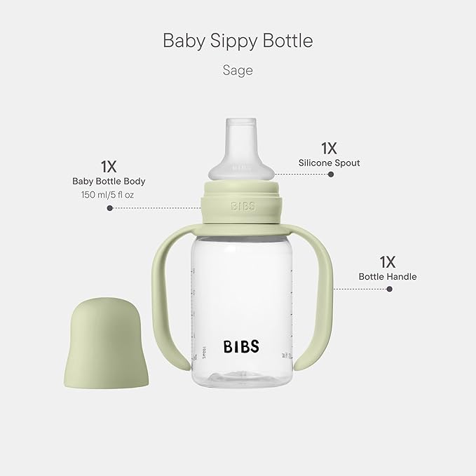 BIBS Sippy Bottle 150 ml – Leak-Proof Toddler Cup with Easy-Grab Handles & Soft Silicone Spout – BPA-Free Baby Training Cup - Sage