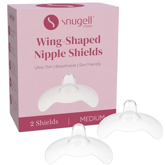 Snugell Wing-Shaped Nipple Shields for Breastfeeding, Medium 20mm - Ultra-Thin Food-Grade Silicone Nursing Shields, 2-Pack with Case - for Flat, Inverted or Sore Nipples - Newborn Latch Support