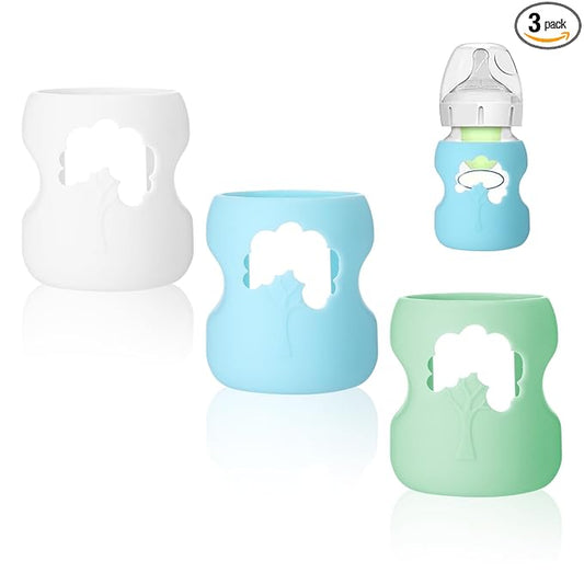 3 Pack Silicone Sleeves for Dr. Brown Glass Baby Bottles, Drop Safe Silicone Sleeve for Dr. Brown Wide Neck Glass Bottles 5 oz(White,Green,Blue)