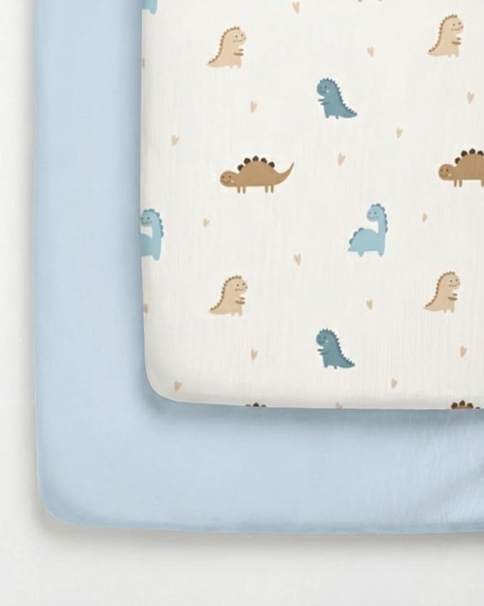 Pack and Play Sheets Fitted - 2 Pack Mini Crib Sheets for Pack N Play Mattress - Unisex Playard Microfiber Bedding for Boys & Girls - Soft, Breathable & Wrinkle Free - Oeko-Tex, 38 x 26in - Cute Dinos