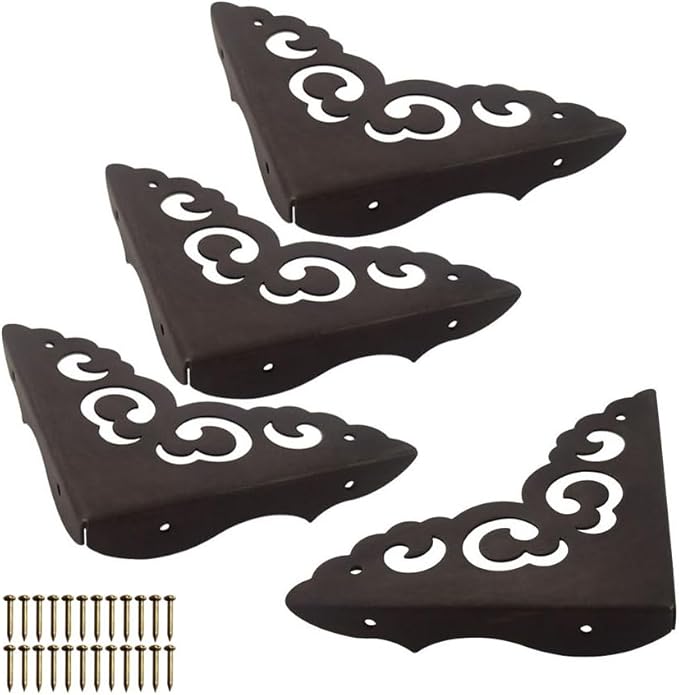 Metal Corner Protectors Set of 4, Vintage Decorative Corner Protector for Antique Wooden Chests, Tables, Desks, Boxes, Edge Protection, Hollowed Out Flower Corner Guards for Decor Furniture (Black)