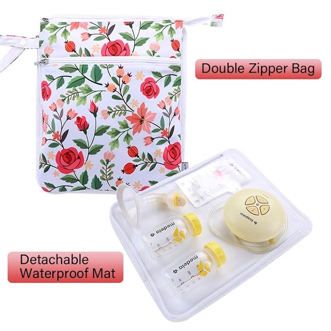 Breast Pump Bag Wet/Dry Bag with Preparation Place Mat, Waterproof Pump Parts Storage Bag for Moms Pumping at Work or Outdoors(Romantic flowers)