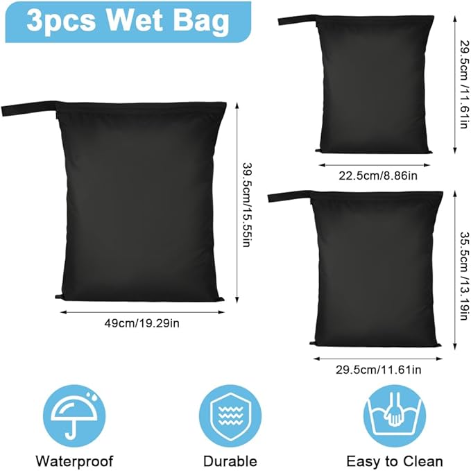 3PCS Wet Bags, Waterproof Travel Laundry Bag, Reusable Cloth Diaper Bags with Handle & Zipper, Washable Travel Tote Organizer Yoga Bag for Baby Items, Wet Swimsuits, Beach, Gym, Camping (Black)