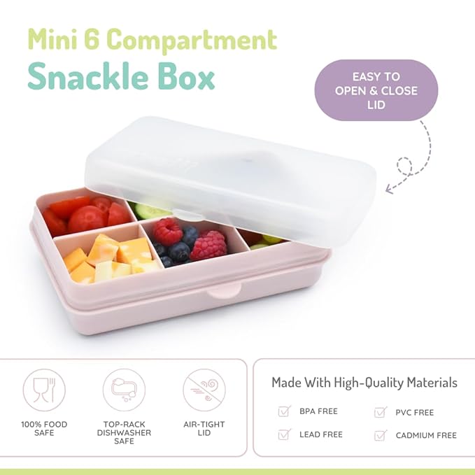 melii Snackle Box | 6-Compartment Divided Snack Container, BPA-Free Food Storage with Removable Dividers for School, Travel & On-the-Go Snacking (Pink)
