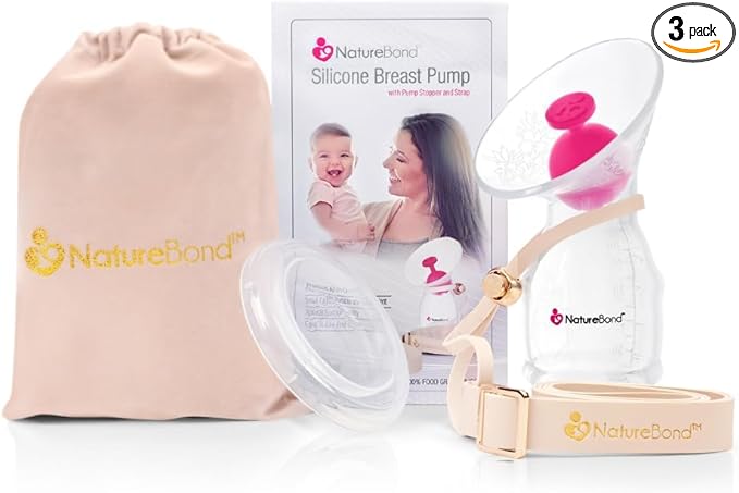 NatureBond Silicone Breast Pump with lid, Stopper, Strap, Pouch. Breastfeeding Essential Premium All in 1 Set. 3.4oz 100ml (Premium All-in-ONE)